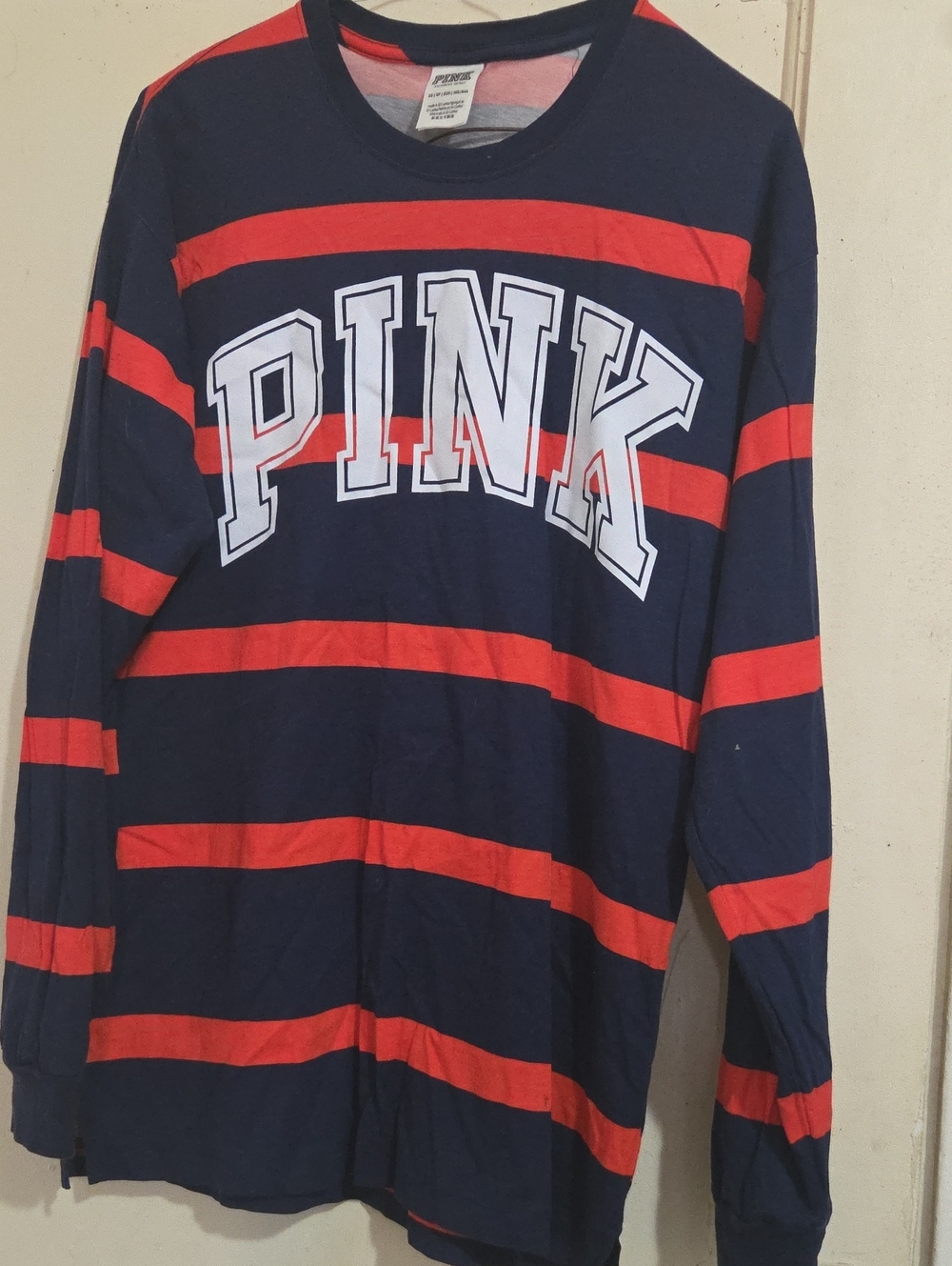 PINK Victoria's Secret Navy and Red Striped Long Sleeve Tee with White Logo